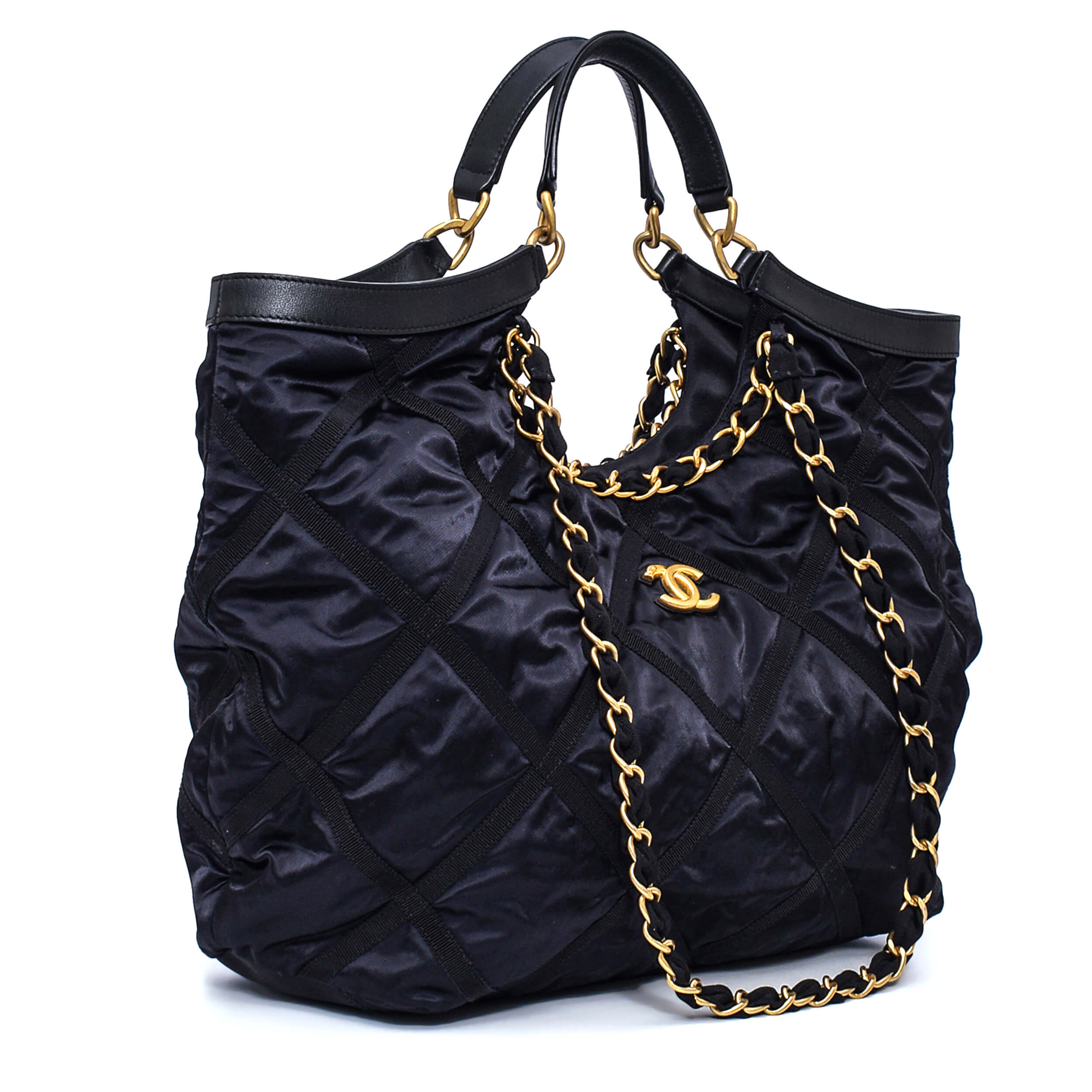 Chanel - Black Quilted Grosgrain Satin&Leather Maxi Shopping Bag